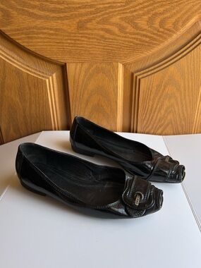 Fendi Vintage Black Patent Leather Peep Toe Flats Buckle Detail Everyday Lux